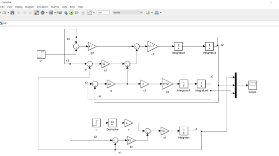 i - Simulink Edit View Display -0 6 Diagram Simulation Analysis Code > 6 0 - 5 Tools Help DO 10.0 Normal mij x2 k1 1/m1 Integ