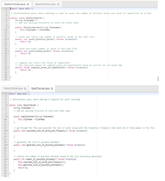 2 4 DistinctWords.java Spellchecker.java 1 Import java.util.; 3 // DistinctWords.java, where hashing is used to count the nu