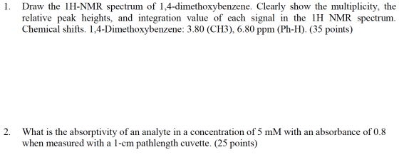 1. Draw the 1H-NMR spectrum of 1,4-dimethoxybenzene. Clearly show the multiplicity, the relative peak heights, and integratio