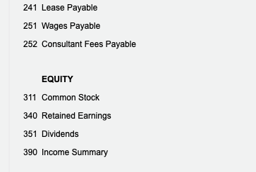 241 Lease Payable 251 Wages Payable 252 Consultant Fees Payable EQUITY 311 Common Stock 340 Retained Earnings 351 Dividends 3