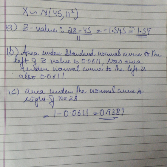 Xu N(45,1²) 19 Z-value: 28-45 -1.54s 1.34 11 (b) Anea unden Strudaud wounal cuime to the left I a value is 0.0611, Now area r