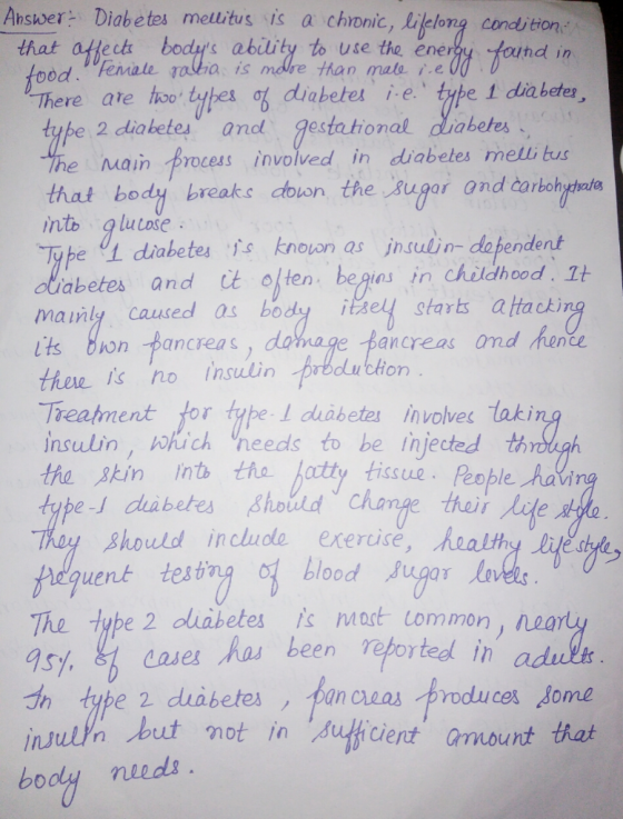 Answer Diabe tes metlitus is a chronic, ifelong that affect bodys abitity to use the eney found food are too tybes of diabete