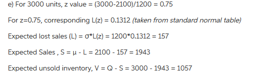 (3000-2100)/1200 0.75 e) For 3000 units, z value For z-0.75, corresponding L(z)= 0.1312 (taken from standard normal table) Ex