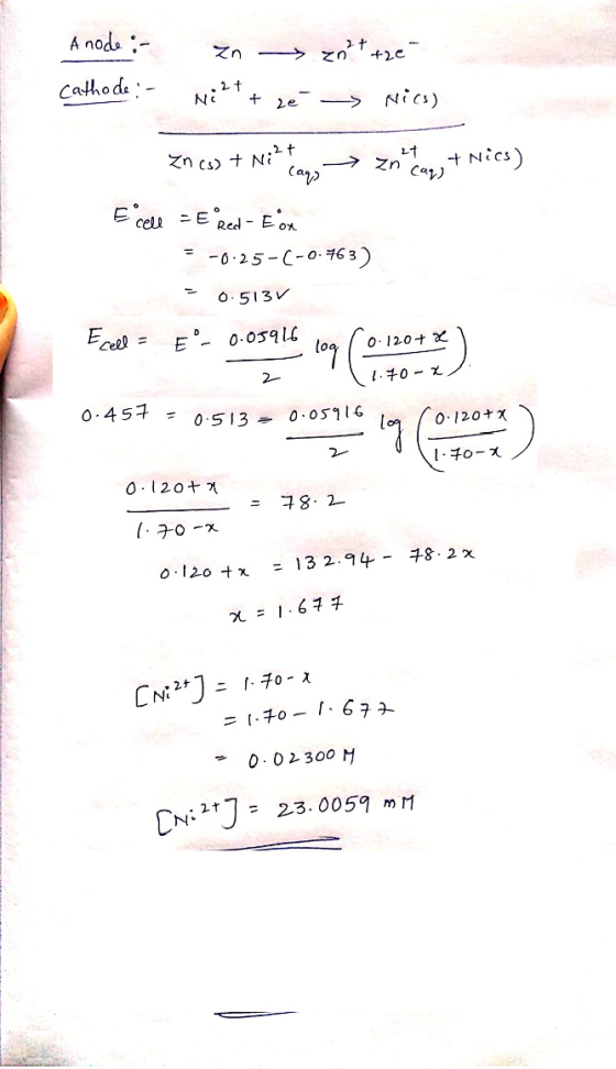 A node :- cathode :- zn Ni2+ + 2e ent the Nics) Zn (s) + Ni² Ni cay, zn cap, + Nics) Ell = Ered - EOK = -0.25-(-0.763) = 0.