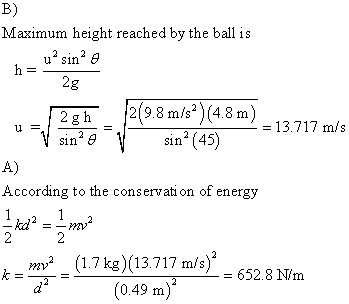 B) Maximum height reached by the ball is u sin θ 2g 2g h 29.8 m/s2 )(4.8m L1 ins13717 m/s sin (45) A) According to the cons