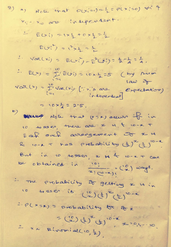 8) Note that to 4 P(x1=1) = 1/2 = P(*120) independent. xio . Var(xi) = 10 Elx, - E(xi) = 1x12 + 0 x 2 = 12 Elxin) = 2x = 2 El