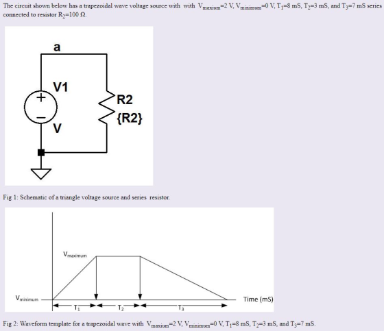 The circuit shown below has a trapezoidal wave voltage source with with Vmaxium-2 V, Vminimum-0 V, T1=8 mS, T2=3 mS, and T3=7