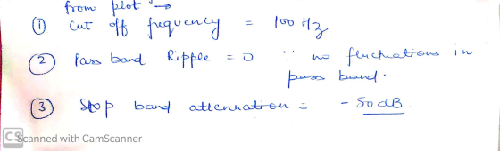 S I from plot cut off frequency = 100 Hz Pass band Ripple o no fluctuations I pass band Stop band attenuation = - So dB. in C