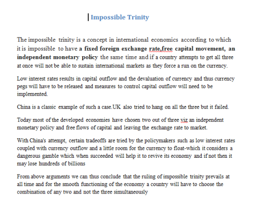 Impossible Trinity The impossible trinity is a concept in intemational it is impossible to have a fixed foreign exchange rate