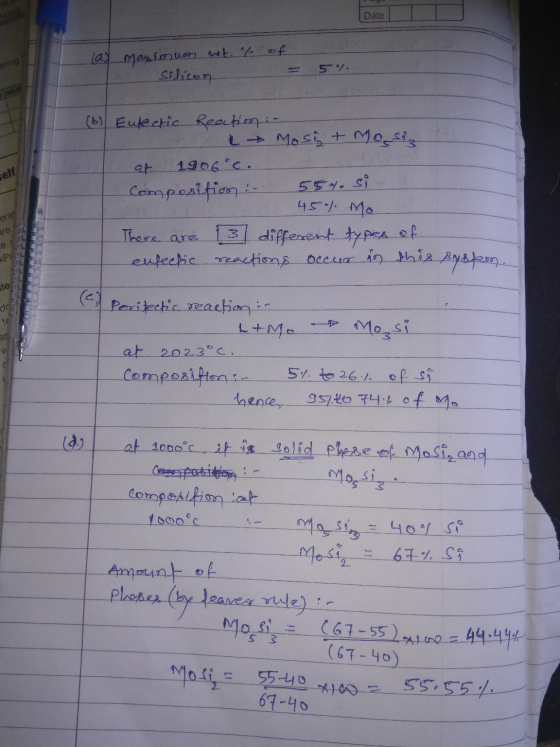 head Date (a) maximuon wt% of = 57. ering Silicon (6) Euk chic Reaction : - EL Most Mosiz at 1906oc. Self era! CELUJE There a