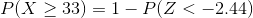P(X > 33) = 1 - P(Z < -2.44)