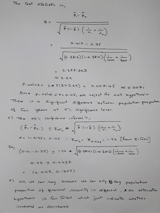 The rest statistic in, Z = PCI-E) ( + + - + 0.410 – 0.35 26.3816) (1-0.3816) (1000 + 2 ) = 2.6881703 = 2.69 P-value = 2* Plz>