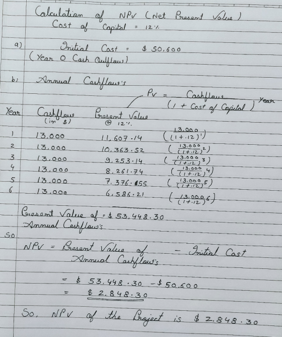 Calculatiom af Cost of NPv CNet Bresent Volua ) Capital 12%. Initial $ 50.600 Cast (Year o Cash Quilflau Carhflauss Nnnual P