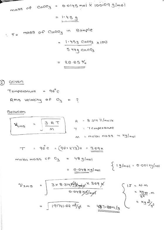 = CaCO3 0.0145 mol X 100.09.9lmol mags of 1.459 Sample 이 이 mass of CaCO3 1.459 CaCo3 x100 5449 caco, IT 26.65% criven Tempera