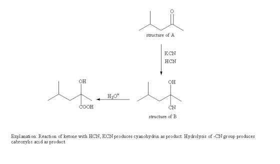 structure of A KCN HCN он он COOH CN structure of B Explanati on: Reaction of ketone with HCN, KCN produces cyanohydrin as pr