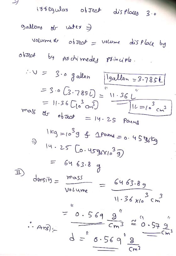 irregular of Jest dis places 3.0 gallons of water volume of objest = volume dis place by objest by As chimedes principle... u