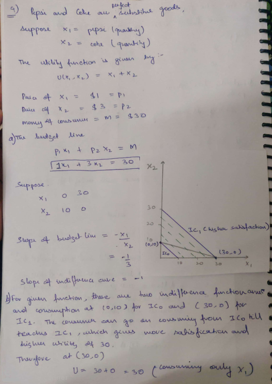 & Pepsi and Coke an elechstime goods, suppose x = pepsi (quartiny) X2 = coke (quantity) The utility function is given by :- 0