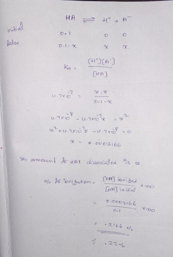 HA H + AT initial o.I latar O.1- Ka 1 CAJ -8 -u.7xro 2 Tro u.7XIO 2t.7x10 -.7 o 002166 So, omocunt d HAE dissocialed s 2e CAR