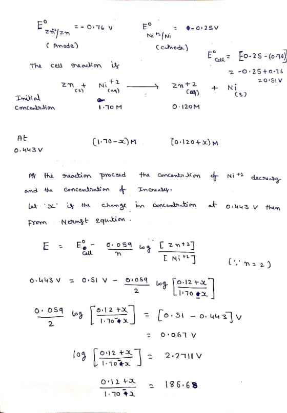--0.76 V zmizn e Anode) 1 The cell reaction is -0.25 V Nithini (cathode) E COLA = [0.25-60-70) 2 -0.25 +0.76 2n+2 ZOSIV Call