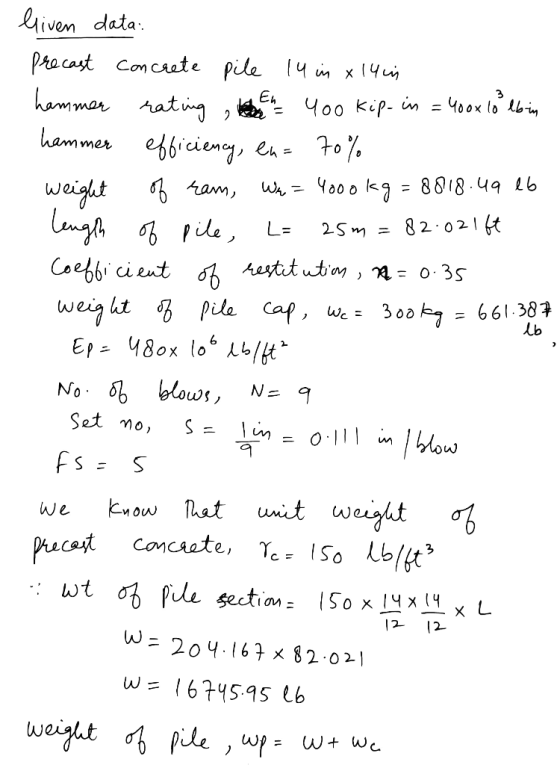 liven data: Precast concrete pile 14 in x 14 is hammer rating the 400 kip-in = 400x 10 lb in hammer efficiency, eu= 70% weigh