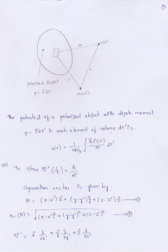 Polarized object p=Pdi (0,0,0) the potential of a polarized object with dipole moment pe part in each element of volume drlis