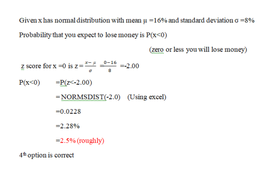 Given x has normal distribution with mean u =16% and standard deviation o=8% Probability that you expect to lose money is P(x
