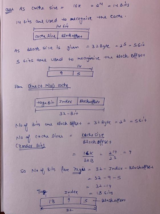 16k = 214 AS cache size = 14 Bits the cache. lu bits are used to be recognize 1464 cache line Block offset AS Block size is g