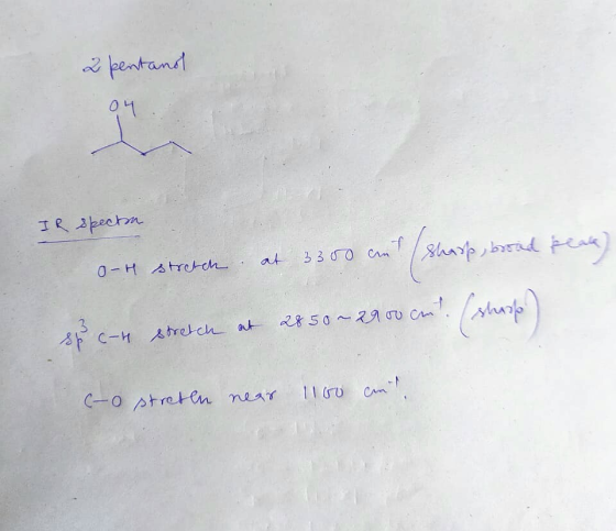 2 pentand 04 IR specta ant at 3300 cm O-H stretch (she (sharp, broad peak) cut (shase) 3 at 2850 ~ 2900an sp c-H stretch C-o