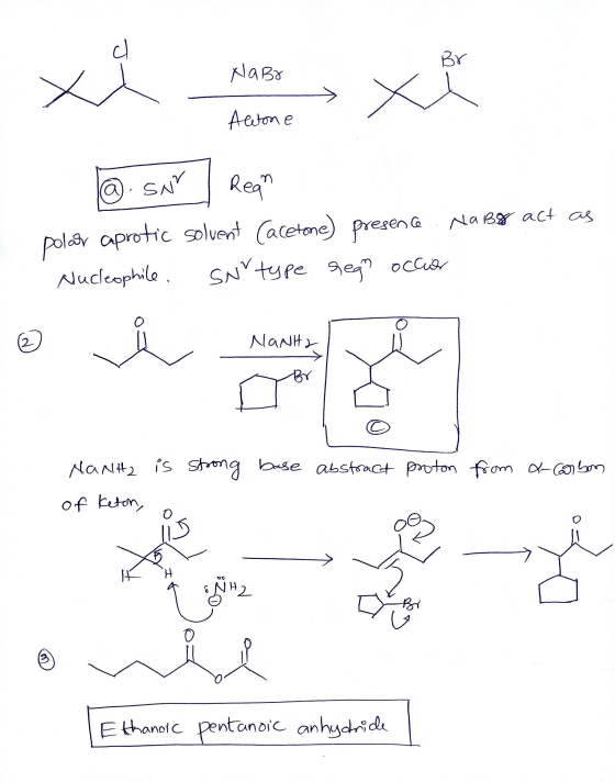 cl Br NaBr xi Antone e О) SNV Rean polar aprotic solvent (acetone) presence. Nabg act as Nucleophile. SN type sego occiar NaN