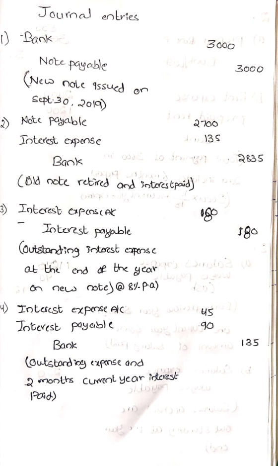 1) Rollout 3000 Journal entries Bank 31013} 3000! Note payable (New note assued on Sept:30,2019) aus Jorda Note payable lasa