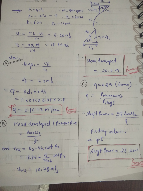 day Date 2. & N=gooupen Hun ß,=40°c ße=10°c = 0 D2 = 4oom b=6cm, Di=12cm Vn u= TIDINI 60 5.65mls (B. f u auf 42 = TIDLN = 18,