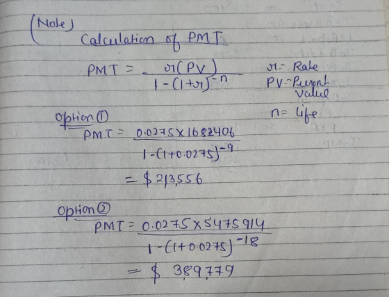 Note) Calculation of PMI PMT= . (PV) 1-C1trron n Mr Rate PV-Perent — option n- life PMT= 0.0275 X 1682406 1-(t+0.0275)-9 - $2