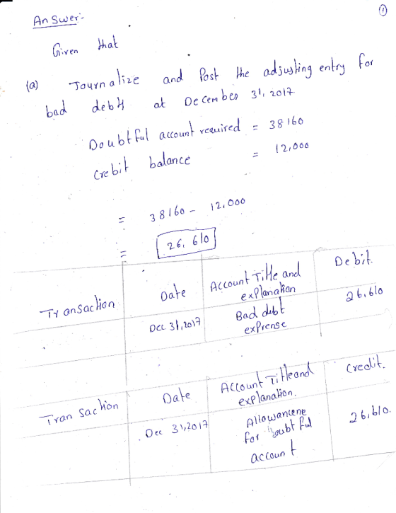 Answert that Given that . . (a) bad Journalize and post the adjusting entry for debh at December 31, 2017 Doubtful account re