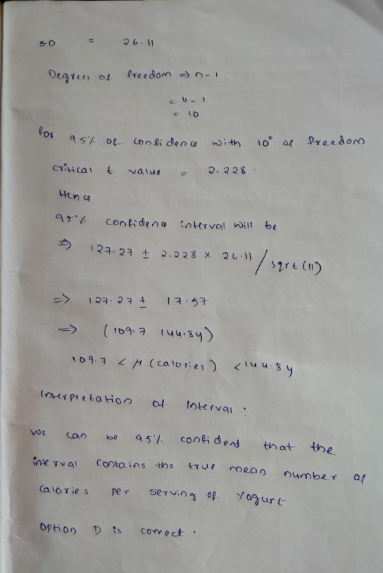 26. Degrees of freedom an- = 10 95% of confidence with 10° of freedom critical t value - 2.228. Hence art confidena interva