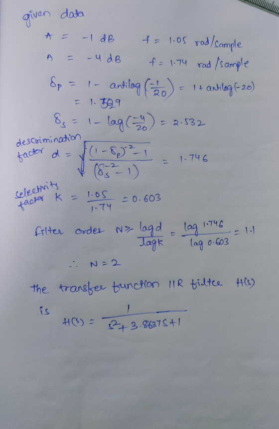 given data = - 1 dB - 4 dB factor k = 1.05 A descrimination 1.74 f = 1.05 rad/sample f = 1.74 rad /sample Ep = - antilog ( 20
