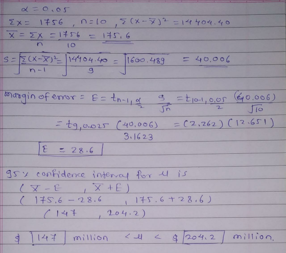x = 0.05 Ex= 1756 n=lo {(x-7) 2 = 14 404.40 x = EX = 1756 = 175.6 1 s={(x-X) ² |14404.40 11660.489 margin of error = E= tn-i,