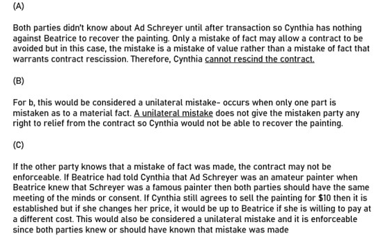 (A) Both parties didnt know about Ad Schreyer until after transaction so Cynthia has nothing against Beatrice to recover the