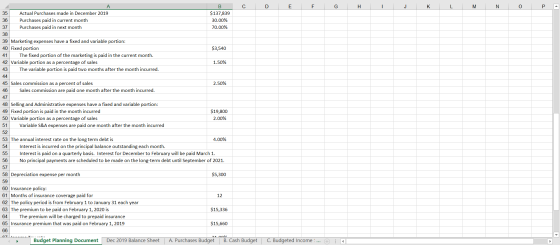 D E F G H I J K L M N O P A B C 35 Actual Purchases made in December 2019 $137,839 Purchases paid in current month 30.00% 37