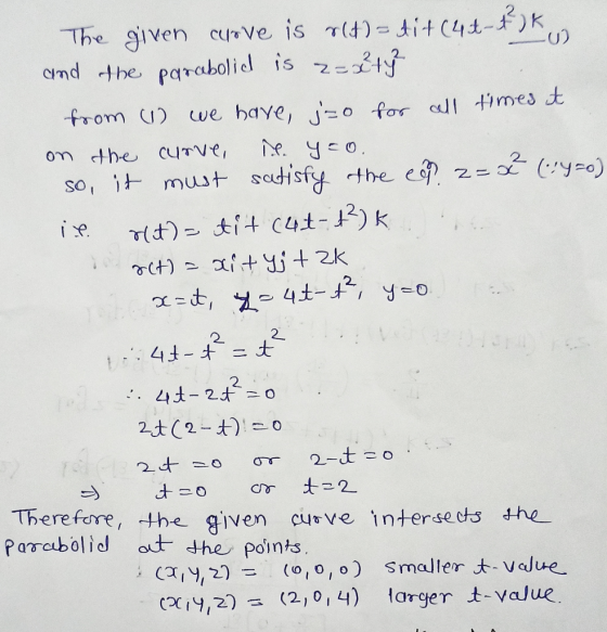 The given alove is r(t)= tit (4t- & Ko and the parabolid is z=2th from (1) we have izo for all times it on the curve, ne yao.