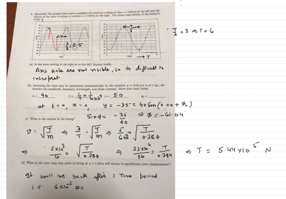 6. (30 pointe) The graphs below show a snapshot of a wave on a string at time0.00ma on the leh and the the right. history of