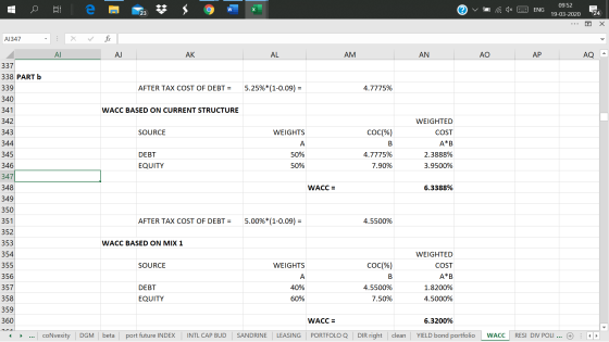 W ©v to a dx 3 ENG 09:52 = 19-03-2020 ... o X A1347 ALAJ AK AL AM AN AO AP AQ A AFTER TAX COST OF DEBT = 5.25%*(1-0.09) = 4.7
