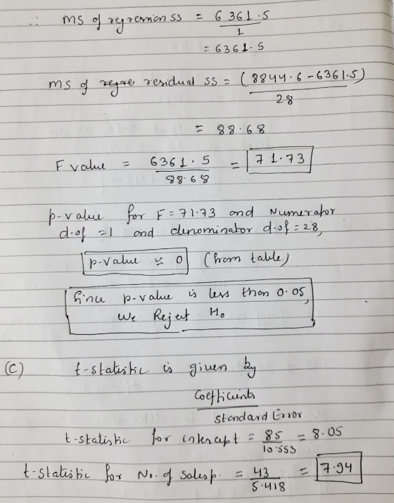 ms of regressionss = 6361.5 -6361.5 ms of regre residual ss = (8844.6-6361.5) = 28 I=88.68 Evalue = 6361.5 - 71.73 88.68 p-va