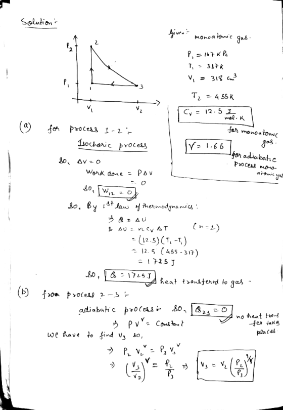 Solution monoa tomwc Яob T,31K 31g c3 V4 Cv 12.5 mal K for process 1 -2 - far monoatomc iocharic Y .66 process r adiabatc Pao