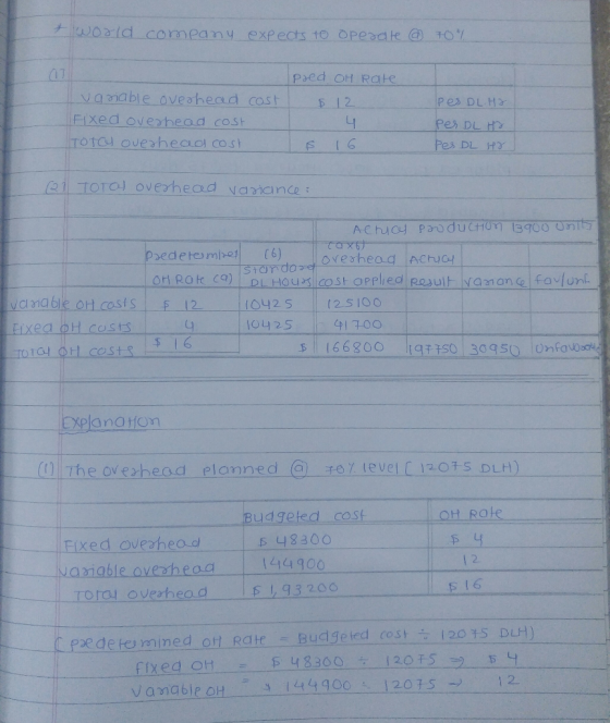 world company expects to opeodle @ 707 variable overhead cost Fixed overhead cost Toto overhead cost pred OH Rate $ 12 4 S 16