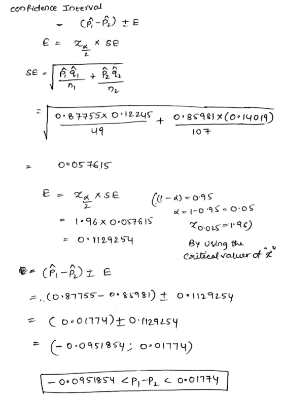 confidence Interval CP-2) I E E = X SE tot SE - Â Â, + Ở ni 72 + 0.87755% 0.12245 49 0.85981*10014019) 107 0°057615 2 E- zat