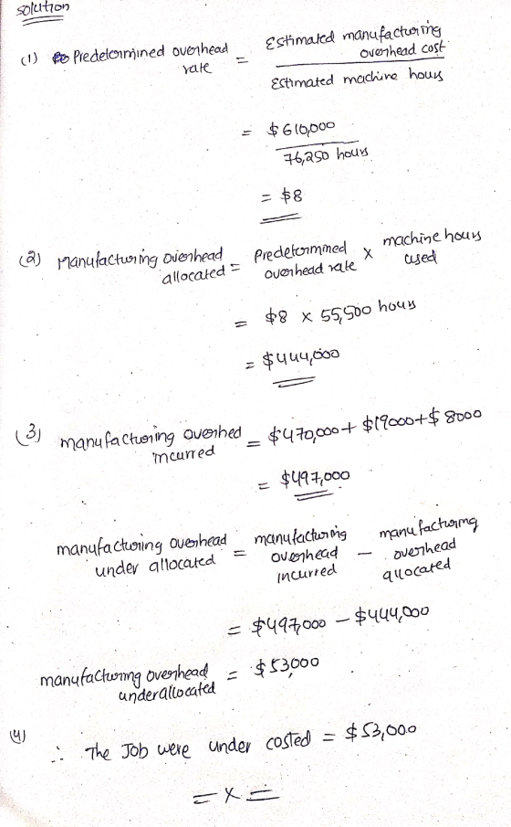 solution (1) Bes predetermined overhead rate Estimared manufacturing overhead cost Estimated machine hours = $616,000 76,250