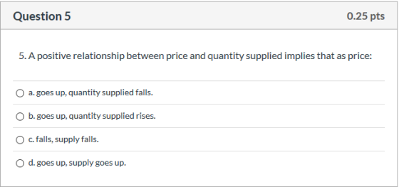 Question 5 0.25 pts 5. A positive relationship between price and quantity supplied implies that as price: O a. goes up, quant