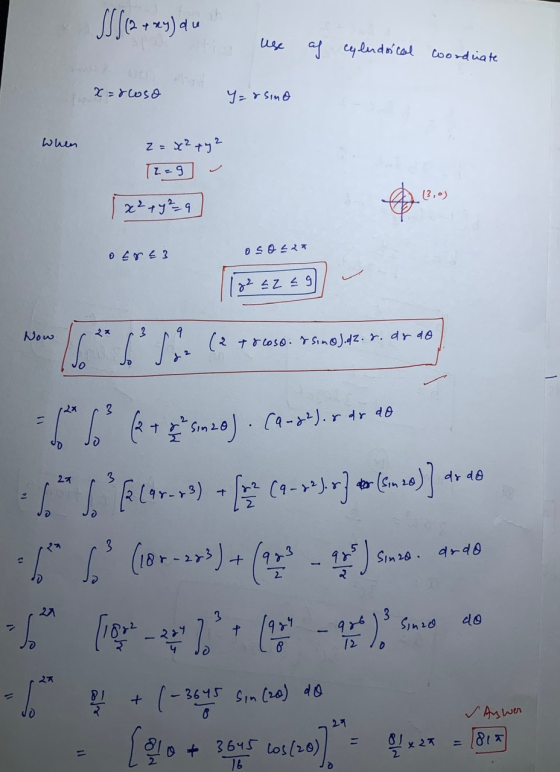 S/12 + xy) du endocal coordinate x=rcoso y=rsimo When 2= x² + y2 (2=9 - 1x² + y² = 9 o Eru3 OSO 421 22 =2 = 9 Now (2 8 coso.