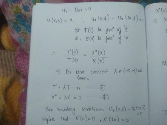 - x Ut- Uxx=0 u (8,0) = x ; 4x (ost) = Ux (27,4) 0 let T(t) be funch of t. & X (x) be funcn of se! ... TIH) X(X) TH) x (x) =