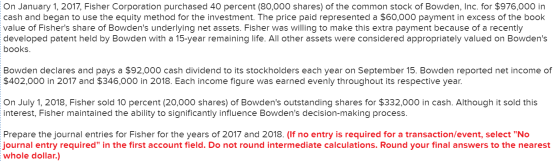 On January 1, 2017, Fisher Corporation purchased 40 percent (80,000 shares) of the common stock of Bowden, Inc. for $976,000